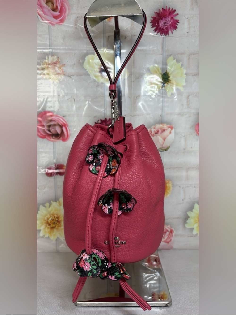 Coach Pebbled Leather Drawstring Mini Bucket Bag with 4 Leather Tea Roses - Picture 11 of 11